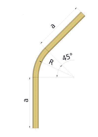 Łuk szyny nośnej 45° NIKO 75.C26, promień 580±15 mm, odcinki proste 770±20 mm, stal kwasoodporna AISI 316. Widoczny na zdjęciu jest precyzyjnie wykonany łuk szyny nośnej, zapewniający stabilność i bezpieczeństwo zawieszanych obiektów.