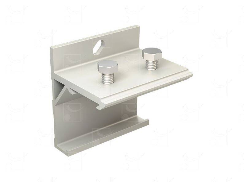 Łącznik szyny MANTION SAF-EVOLUTION 13013M, aluminium. Zdjęcie przedstawia wysoką jakość wykonania oraz solidną konstrukcję systemu podwieszanego do drzwi.