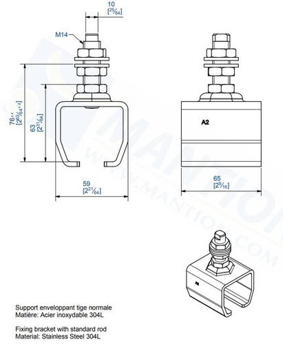 Uchwyt sufitowy zakończony trzpieniem MANTION 9041XA2, stal nierdzewna AISI 304