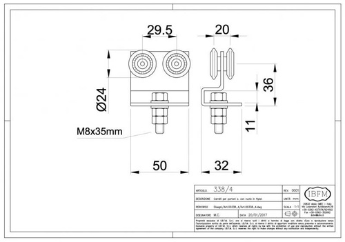 Wózek 4-kołowy gięty IBFM do szyny nośnej 33x34 mm, typ 338/4 z trzpieniem gwintowanym M8