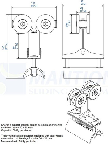 Wózek 4-kołowy z mocowaniem wahliwym do kabli płaskich MANTION 2452P, koła nylonowe