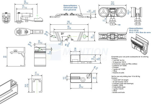 Zestaw MANTION SAF10-80-300, na 1 skrzydło o wadze 10-80 kg, szyna 3000 mm