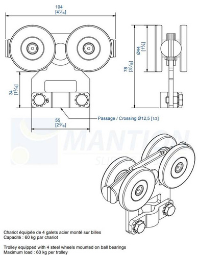 Wózek 4-kołowy do haków MANTION 2852, ocynk