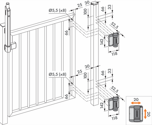 Zawias sprężynowy 180° montowany za pomocą wkrętów samowiercących Locinox SERVAL