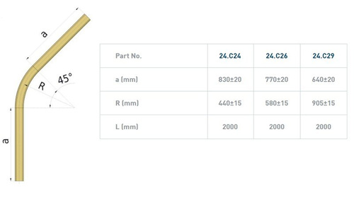 Łuk szyny nośnej 45° NIKO 54.C29, promień 905±15 mm, odcinki proste 640±20 mm, stal nierdzewna AISI 304