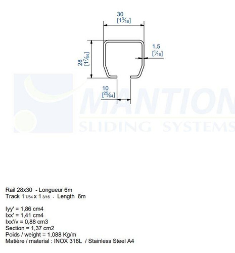 Szyna nośna MANTION HERCULE 9010 XA4, stal kwasoodporna AISI 316
