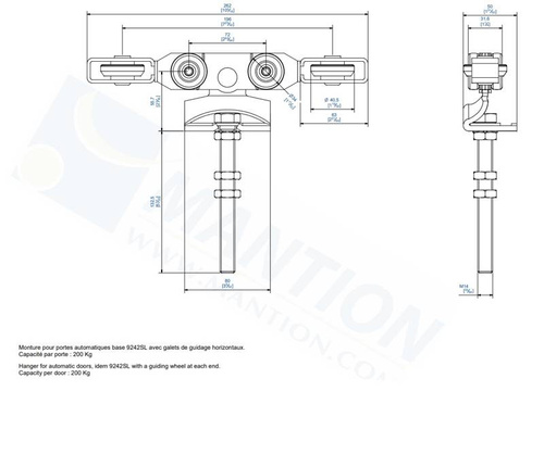 Wózek 6-kołowy z przedłużonym trzpieniem do drzwi automatycznych MANTION 9242SEL, ocynk