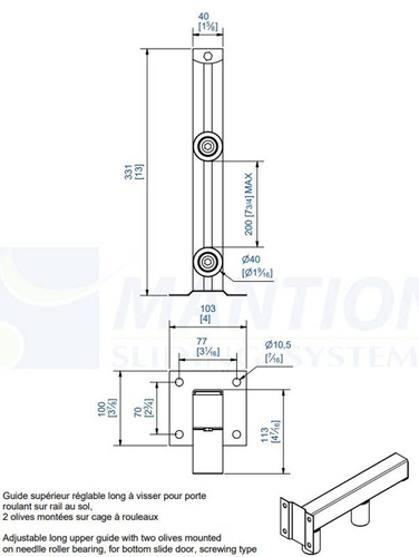 Regulowany 2-rolkowy prowadnik górny MANTION 1053L, przedłużone rolki