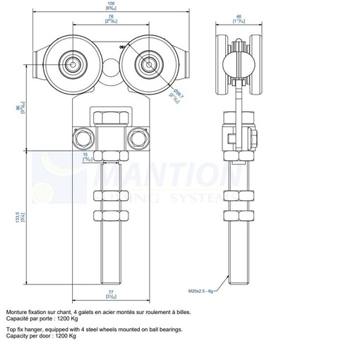 Wózek 4-kołowy z przedłużonym trzpieniem MANTION 9265SL, ocynk