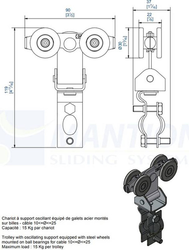 Prowadzący wózek 4-kołowy z mocowaniem wahliwym do kabli okrągłych MANTION 2432R, koła nylonowe