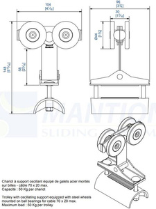 Wózek 4-kołowy z mocowaniem wahliwym do kabli płaskich MANTION 2452P, koła nylonowe