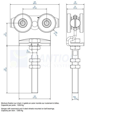 Wózek 4-kołowy z przedłużonym trzpieniem MANTION 9262SL, ocynk
