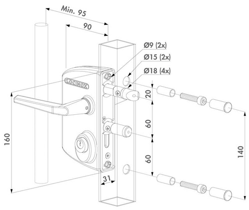 Zamek przemysłowy Locinox LAKQ U3 na profil kwadratowy 60-80 mm