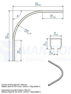 Łuk szyny nośnej 90° MANTION HERCULE 9010C, promień 500 mm, odcinki proste 360 mm, ocynk
