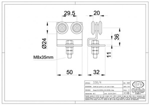 Wózek 4-kołowy gięty IBFM do szyny nośnej 33x34 mm, typ 338/4 z trzpieniem gwintowanym M8