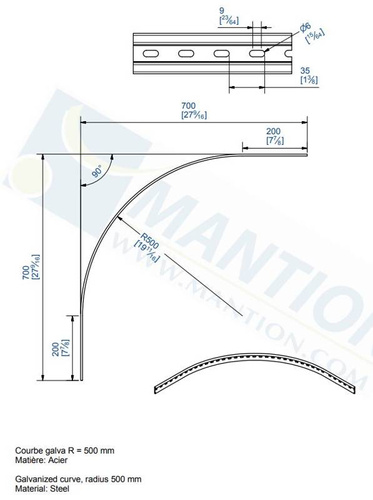 Łuk szyny płaskownikowej 90° MANTION 1722, promień 500 mm, odcinki proste 200 mm, ocynk