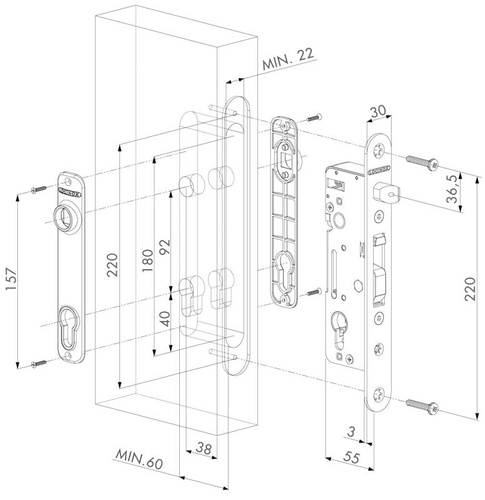 Zamek wpuszczany Locinox H-METAL - odległość czoła zamka do osi wkładki 35 mm