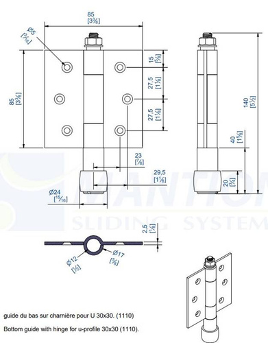 Prowadnik dolny z zawiasem MANTION 1105, ocynk