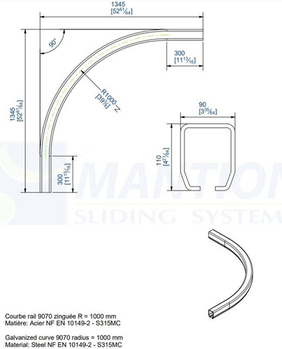 Łuk szyny nośnej 90° MANTION HERCULE 9070C, promień 1000 mm, odcinki proste 300 mm, ocynk