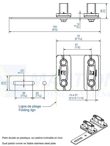 Podwójny prowadnik dolny na uchylnym mocowaniu MANTION 1131DXRG, stal nierdzewna AISI 304