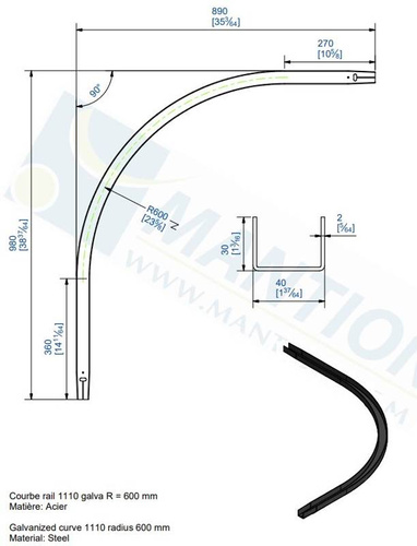 Dolny łuk 90° MANTION 1111C, promień 600 mm, odcinki proste 360 + 270 mm, ocynk