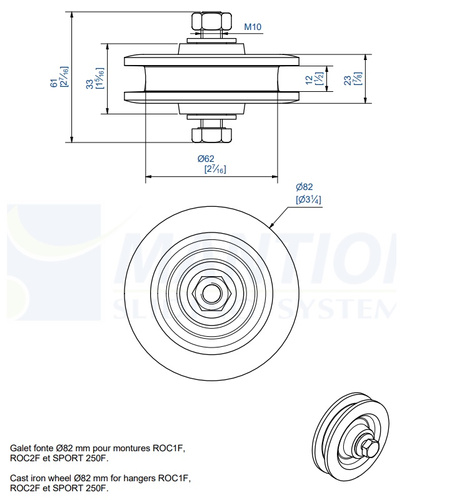 Żeliwne koło MANTION 1002F Ø82 mm, łożysko igiełkowe