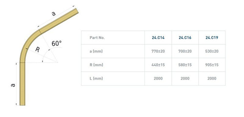Łuk szyny nośnej 60° NIKO 24.C16, promień 580±15 mm, odcinki proste 700±20 mm, ocynk