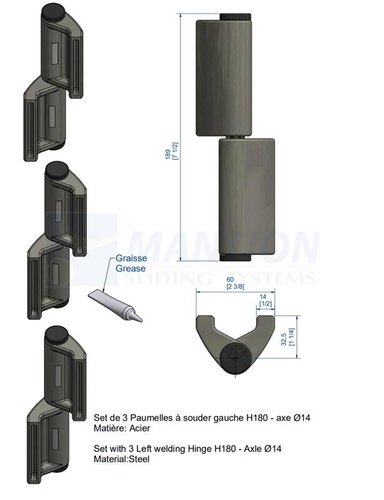 Zestaw 3 sztuk lewych zawiasów do wspawania MANTION GJ10530HOL, Ø14 mm, stal czarna