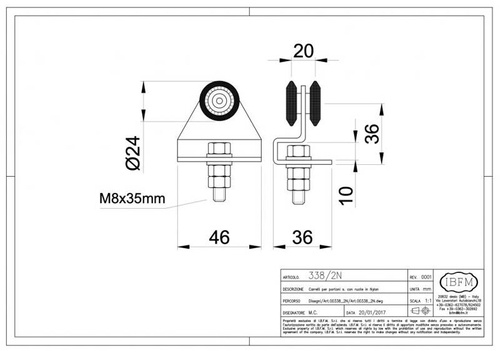 Wózek 2-kołowy gięty IBFM do szyny nośnej 33x34 mm, typ 338/2N z trzpieniem gwintowanym M8, koła nylonowe