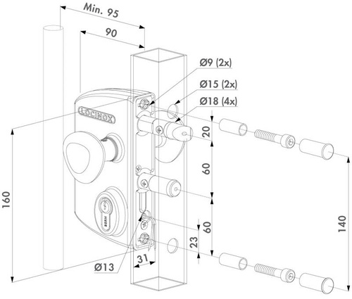 Nawierzchniowy zamek elektryczny Fail Open Locinox LEKQ U4 na profil kwadratowy 60-80 mm