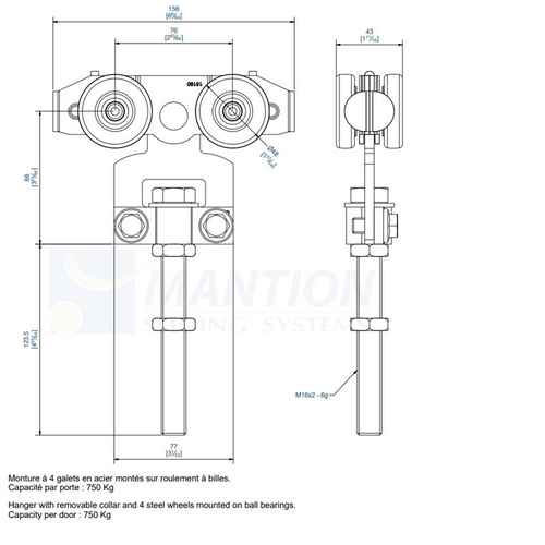 Wózek 4-kołowy z przedłużonym trzpieniem MANTION 9255SL, ocynk