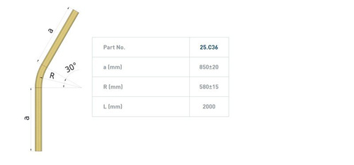 Łuk szyny nośnej 30° NIKO 55.C36, promień 580±15 mm, odcinki proste 850±20 mm, stal nierdzewna AISI 304