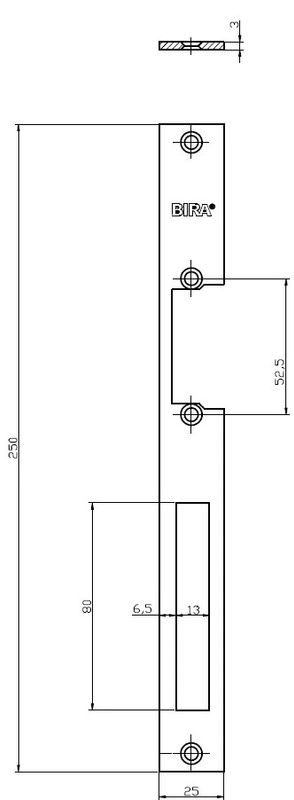 Blacha płaska otwarta do elektrozaczepów BIRA OK-P6, ocynk - widok z boku