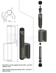 Prawy zawias do wspawania MANTION 1514GJSOR, Ø14 mm, stal czarna
