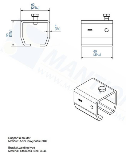 Uchwyt sufitowy do wspawania MANTION 9048XA2, stal nierdzewna AISI 304