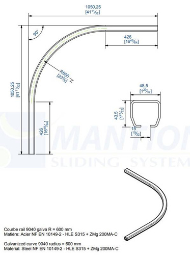 Łuk szyny nośnej 90° MANTION HERCULE 9040C, promień 600 mm, odcinki proste 426 mm, ocynk