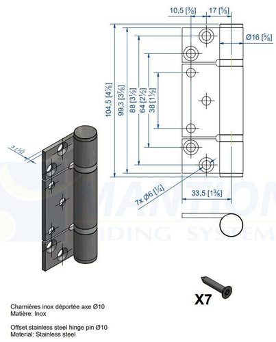Zawias skrzydłowy z odsadzeniem MANTION 1510DXA2, stal nierdzewna