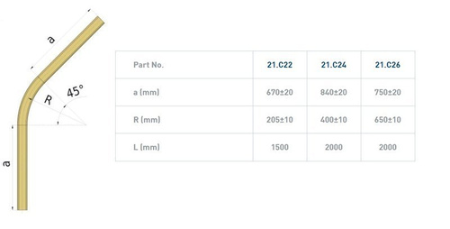 Łuk szyny nośnej 45° NIKO 21.C24, promień 400±10 mm, odcinki proste 840±20 mm, ocynk