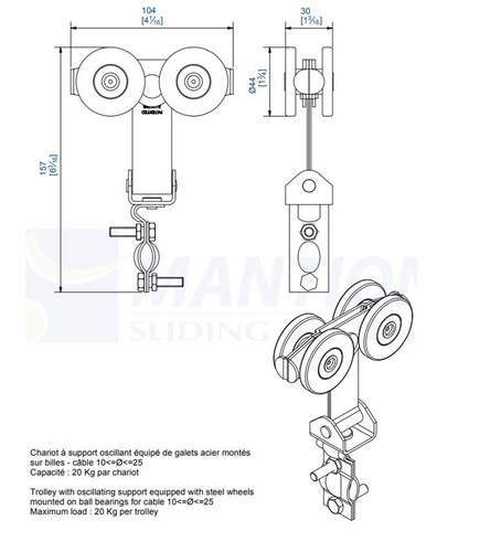 Prowadzący wózek 4-kołowy z mocowaniem wahliwym do kabli okrągłych MANTION 2452R, koła nylonowe