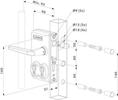 Zamek z dwiema wkładkami Locinox LDKZ D1 na profil kwadratowy 30 mm