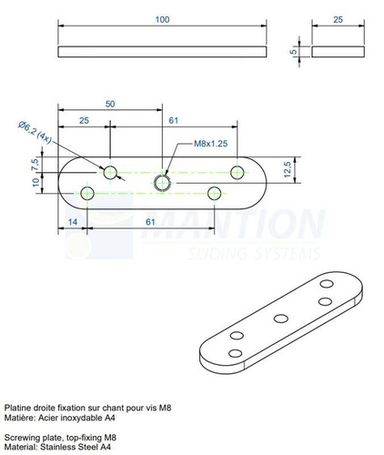Płytka montażowa do skrzydeł drewnianych MANTION 0026XA4, stal nierdzewna AISI 304, do terenów nadmorskich