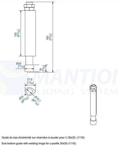 Prowadnik dolny do wspawania MANTION 1108SOE, ocynk