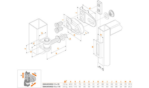 Regulowany w czterech kierunkach zawias 180° anty-sabotaż Locinox GBMU4DSHIELD; M12/M16