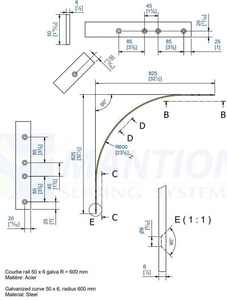 Łuk szyny płaskownikowej 90° MANTION 1751, promień 600 mm, odcinki proste 200 mm, ocynk