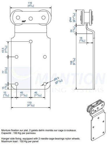 Wózek 4-kołowy z mocowaniem bocznym MANTION 0251D, koła Delrin