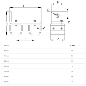 Podwójny uchwyt ścienny szyny NIKO 24.B33, ocynk