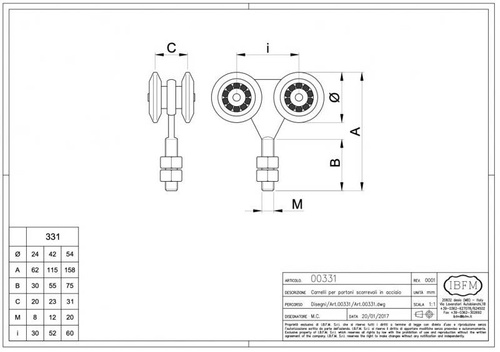 Wózek 4-kołowy IBFM do szyny nośnej 33x34 mm, typ 331P z trzpieniem gwintowanym M8