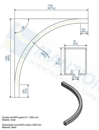 Łuk szyny nośnej 90° MANTION SPORTUB 8570C, promień 1000 mm, odcinki proste 250 + 300 mm, ocynk