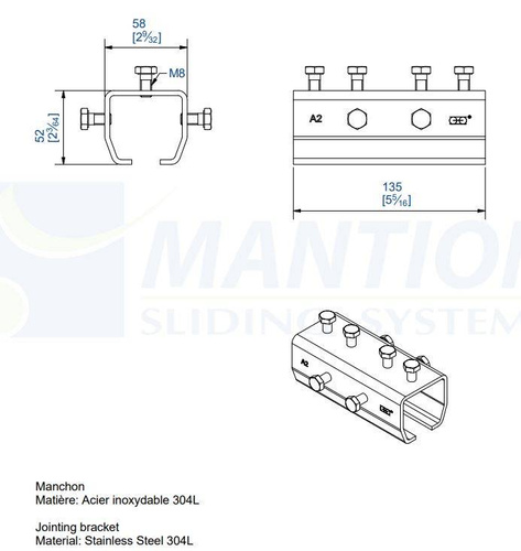 Łącznik szyny MANTION 9041MXA2, stal nierdzewna AISI 304