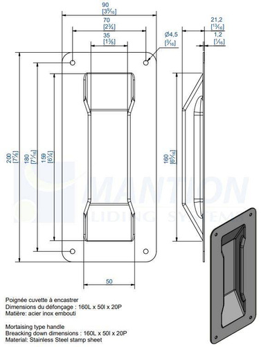 Uchwyt wpuszczany MANTION 1290X, stal nierdzewna AISI 304